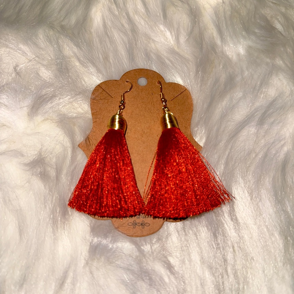 Handmade Tassel Statement Earrings 3” Boho Fringe Gold Hook – Orange Tassel